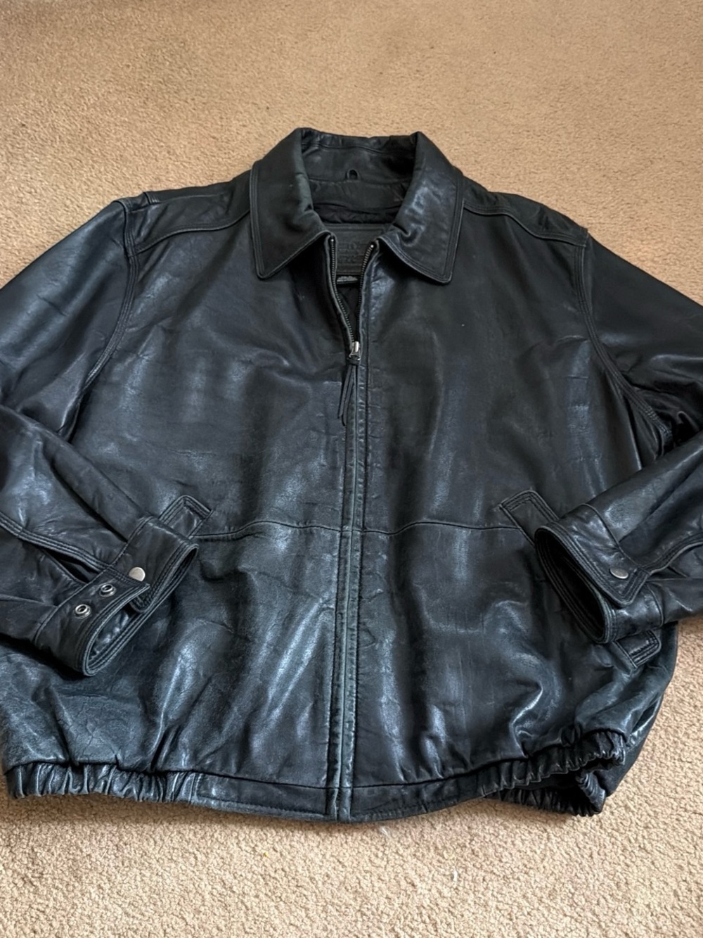 Men's Black Leather Bomber Jacket with Zip Closure